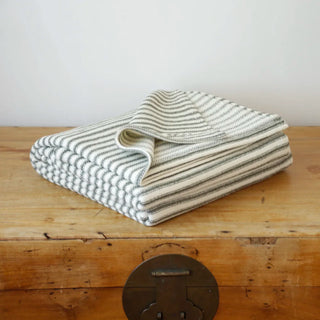 Ticking Stripe Organic Wool and Cotton Blanket in eucalyptus green