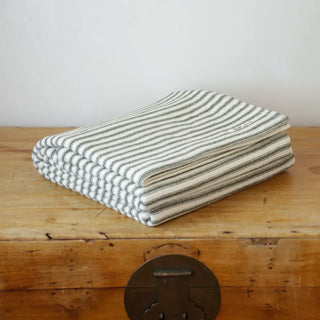 Ticking Stripe Organic Wool and Cotton Blanket in eucalyptus green