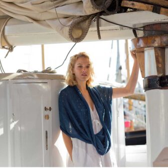 Swans Island Company's Coastal Cowl - the perfect accessory for all four seasons. Knit in the USA with soft merino/silk yarns. Hand-dyed in Maine. Shown here in Nautical Blue.