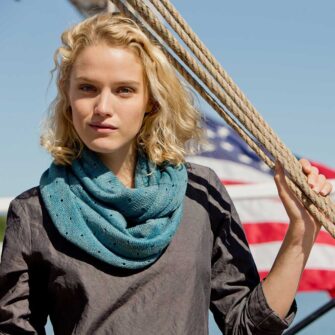 Swans Island Company's Coastal Cowl - the perfect accessory for all four seasons. Knit in the USA with soft merino/silk yarns. Hand-dyed in Maine. Shown here in Teal.