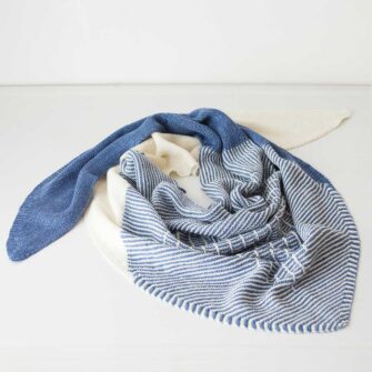 Swans Island Company's Triangle Shawl - Knit with soft luxurious silk/ merino wool, handdyed in our Maine studio. Knit in USA. Shon here in Nautical Blue / Natural