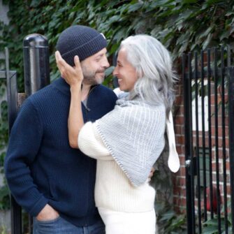 Swans Island Company's Triangle Shawl - Knit with soft luxurious silk/ merino wool, handdyed in our Maine studio. Knit in USA. Shon here in Graphite / Natural