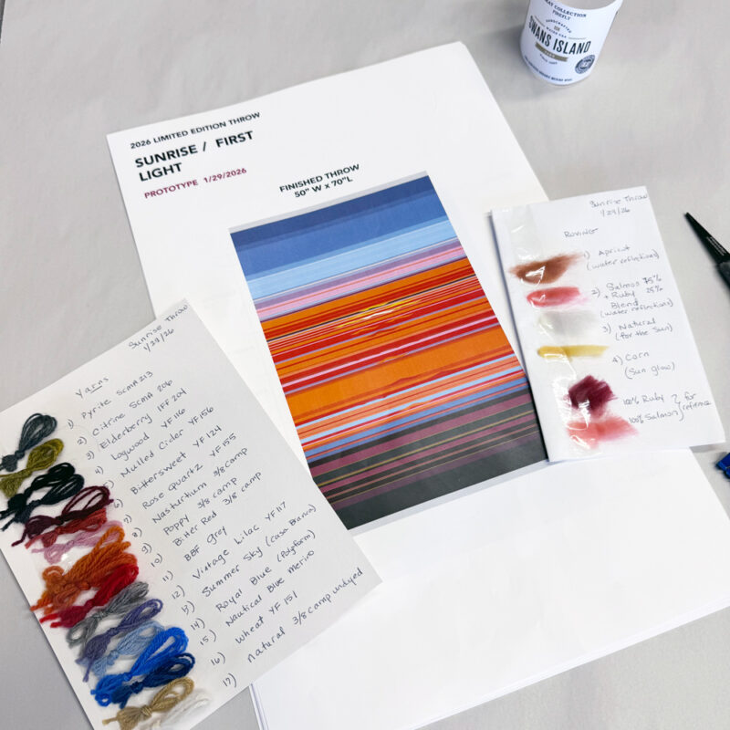 sun rises and sets. Handwoven in Maine with hand-dyed wools - a textiles collectors piece. Over 20 colors of hand-dyed yarns in the design studio.