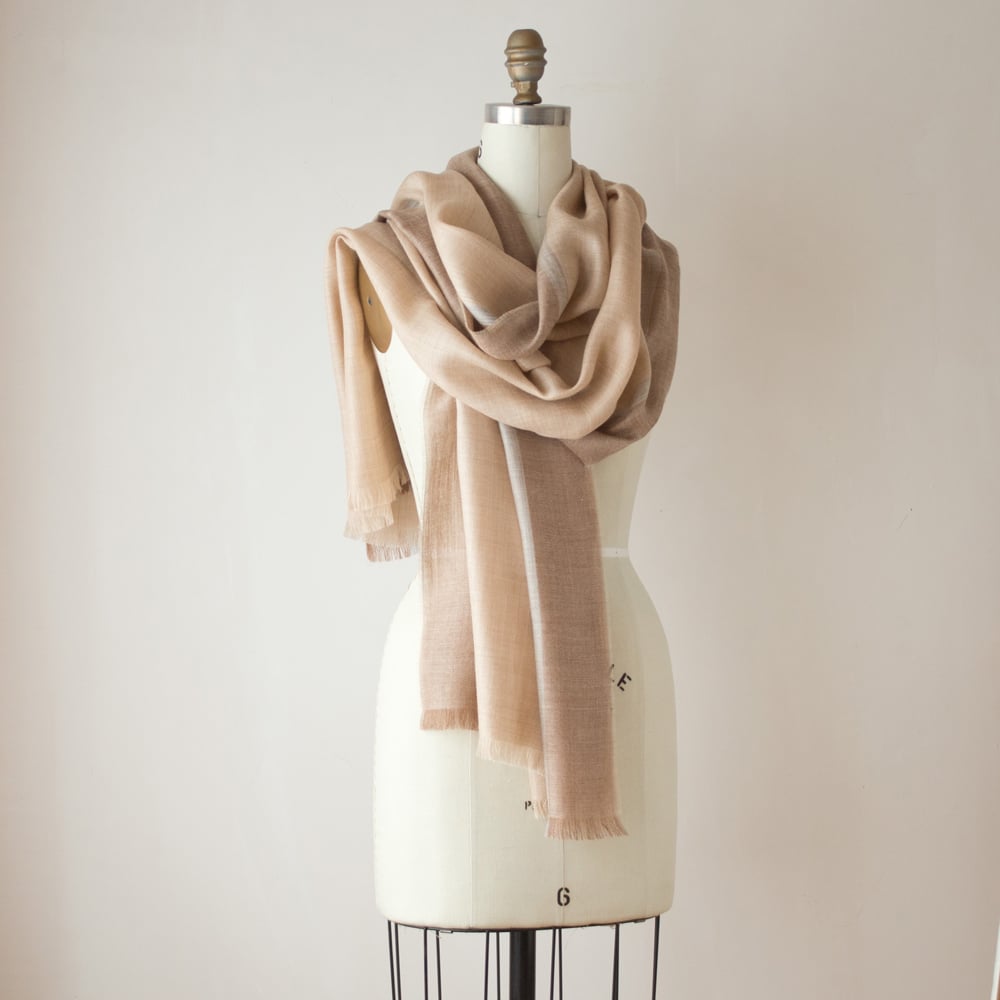 Swans Island Company's Gossamer Alpaca Shawl in camel color on mannequin