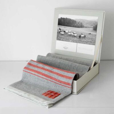 gray throw with red stripes in gift box